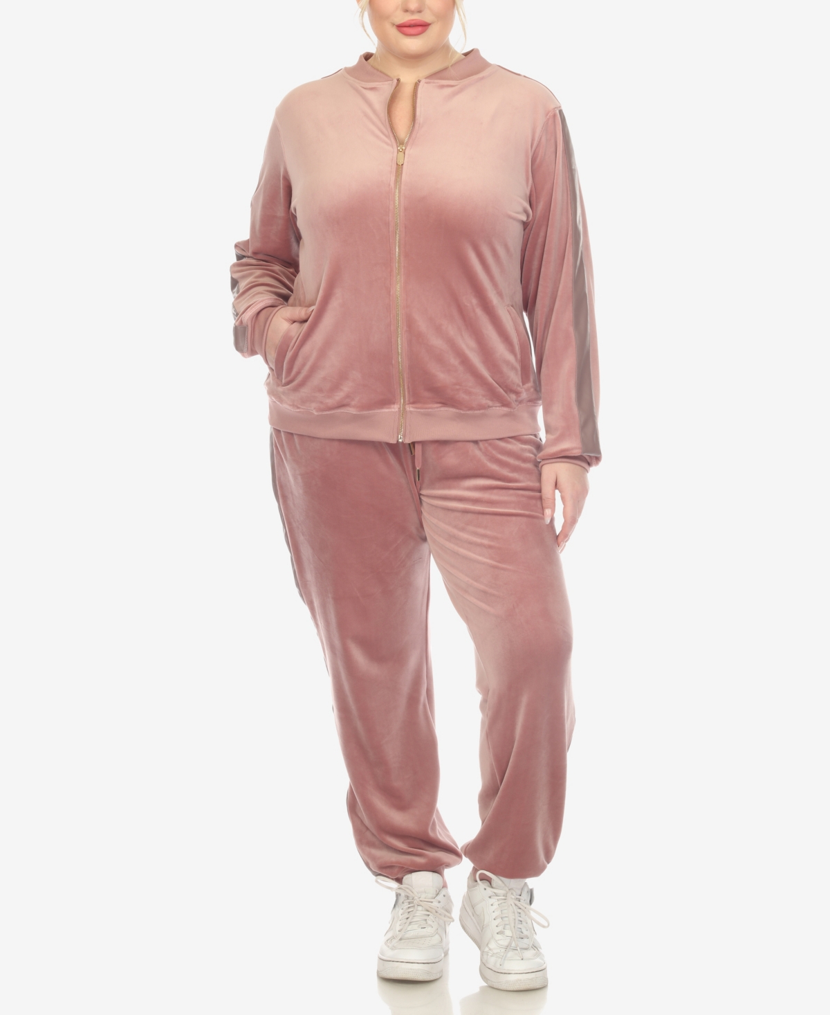 White Mark Plus Size Faux Leather Stripe Velour 2 Piece Tracksuit Set In Pink