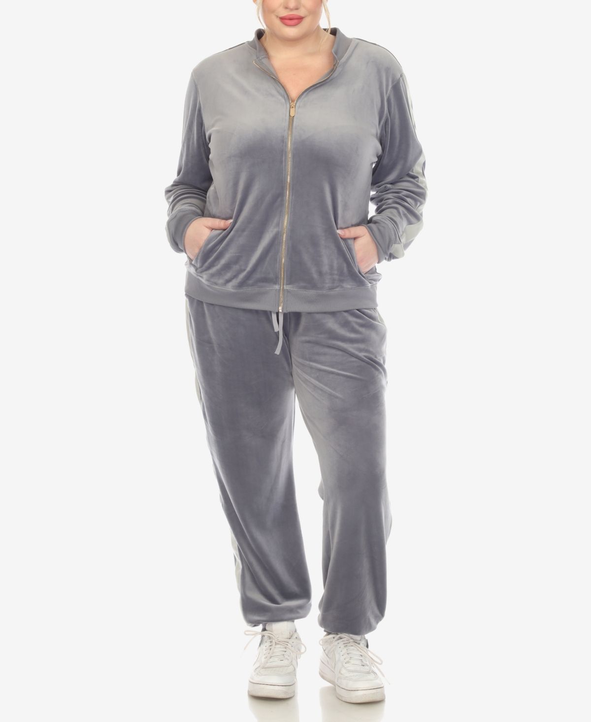 White Mark Plus Size Faux Leather Stripe Velour 2 Piece Tracksuit Set In Charcoal
