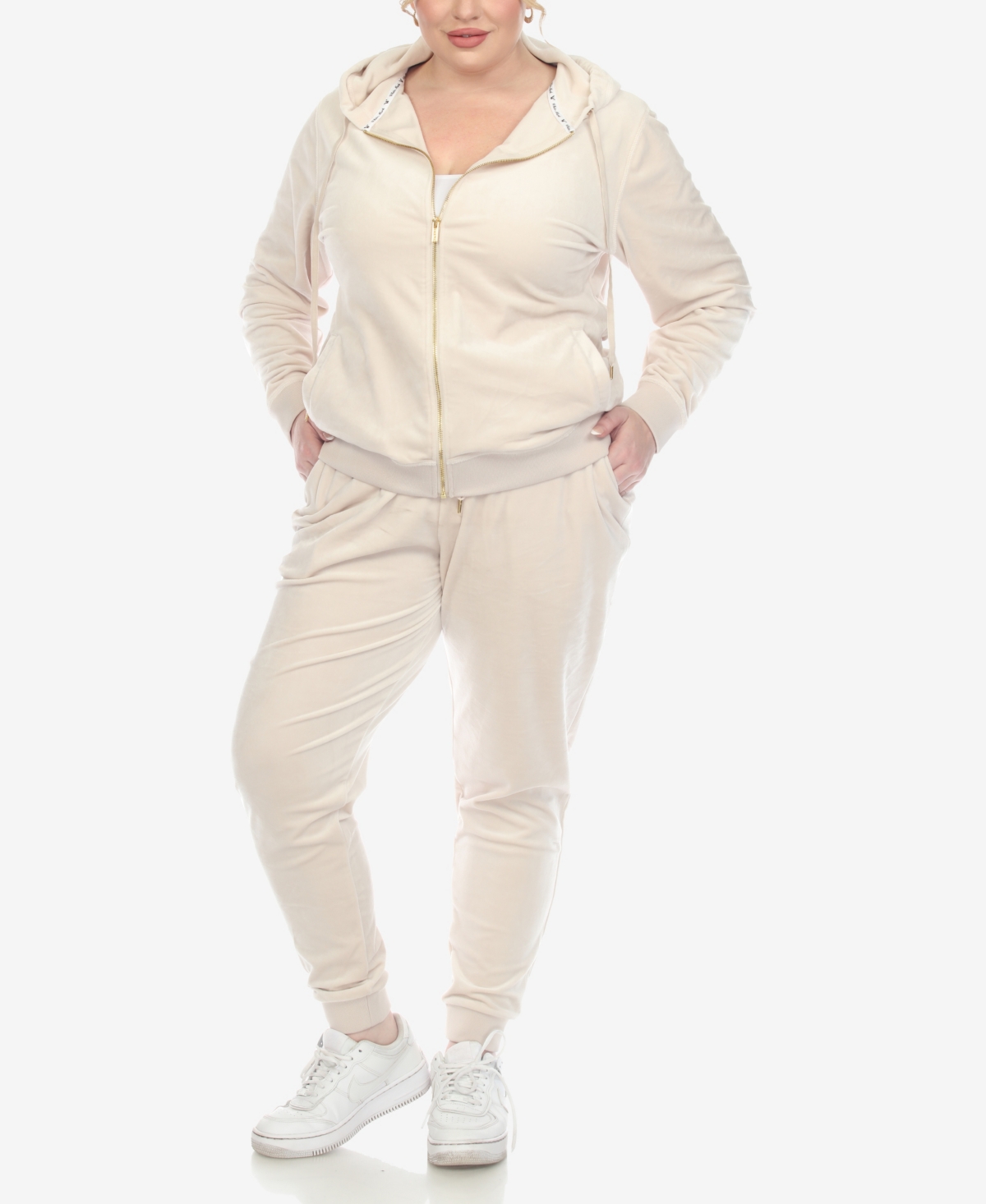 White Mark Plus Size Velour Tracksuit Loungewear 2pc Set In Pearl