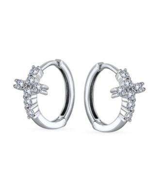 Spiritual Small Religious Kpop CZ Cross Huggie Small Hoop Earrings Pave Cubic Zirconia Sterling Silver