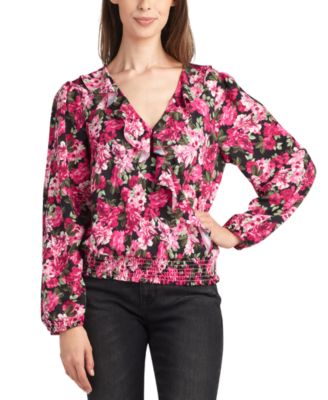 Juniors' Smocked Surplice Long-Sleeve Floral Top