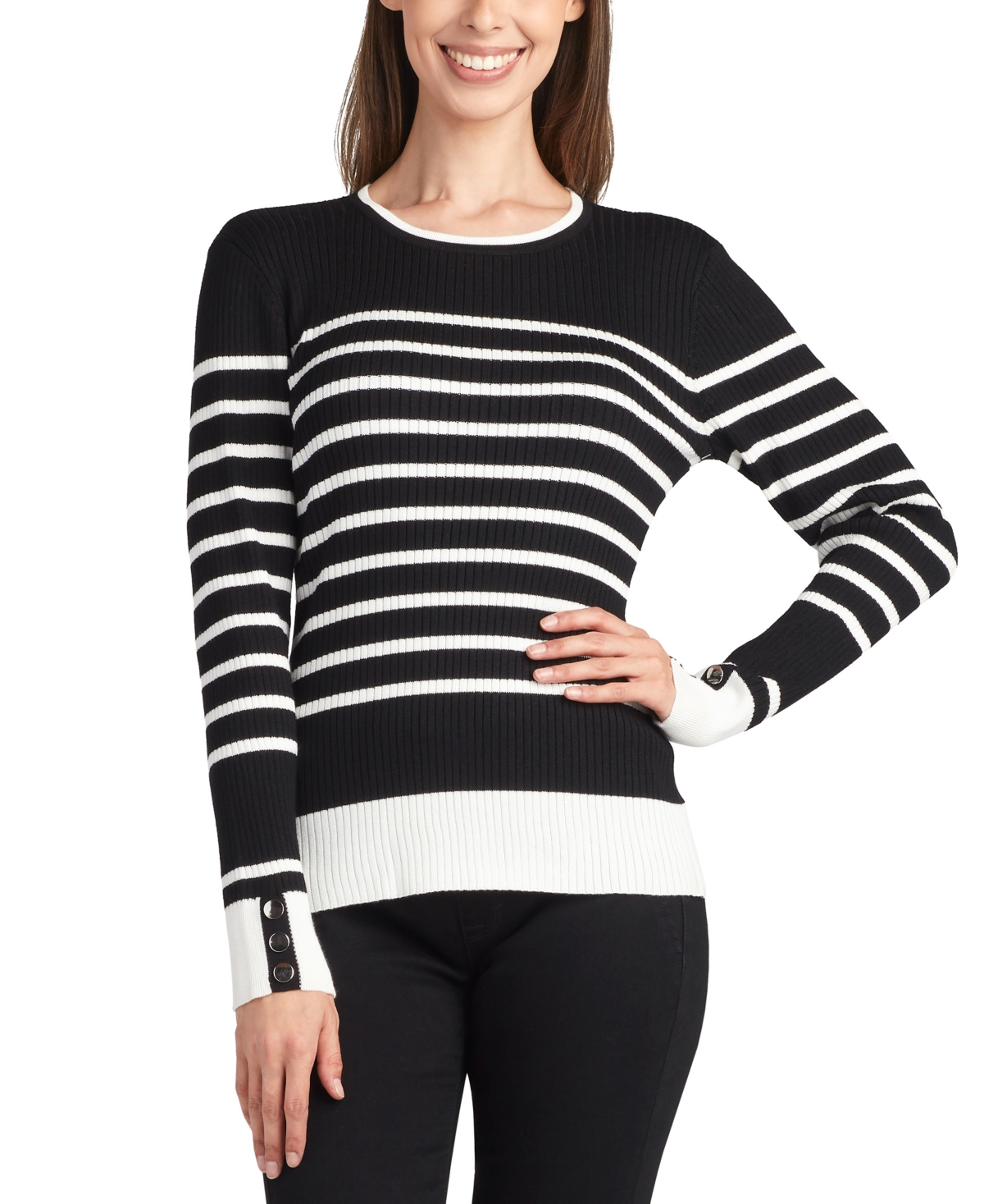 Bcx Juniors' Striped Ribbed Button-cuff Sweater In Color