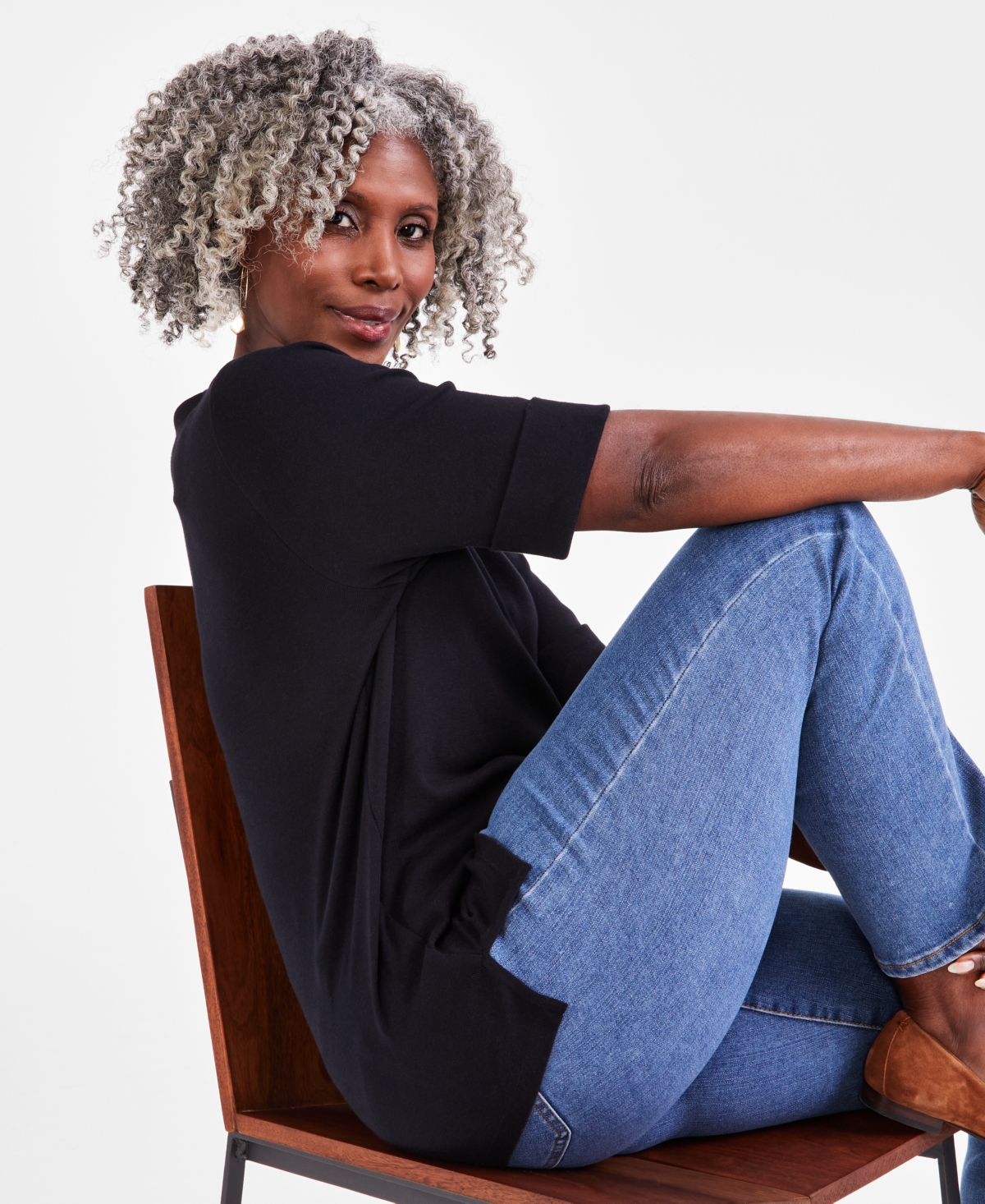 Shop Style & Co Plus Size Boat-neck Elbow Sleeve Cotton Top, Exclusively At Macy's In Deep Black