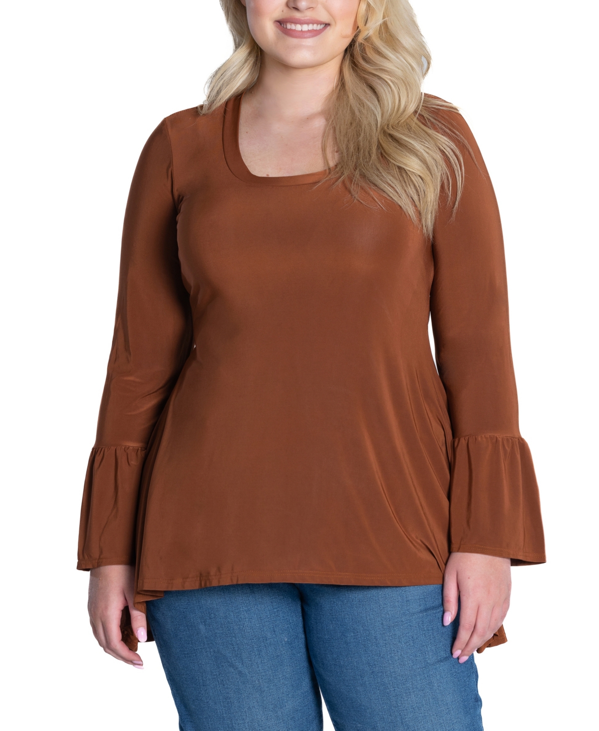 24seven Comfort Apparel Plus Size Long Bell Sleeve High Low Tunic Top In Tobacco