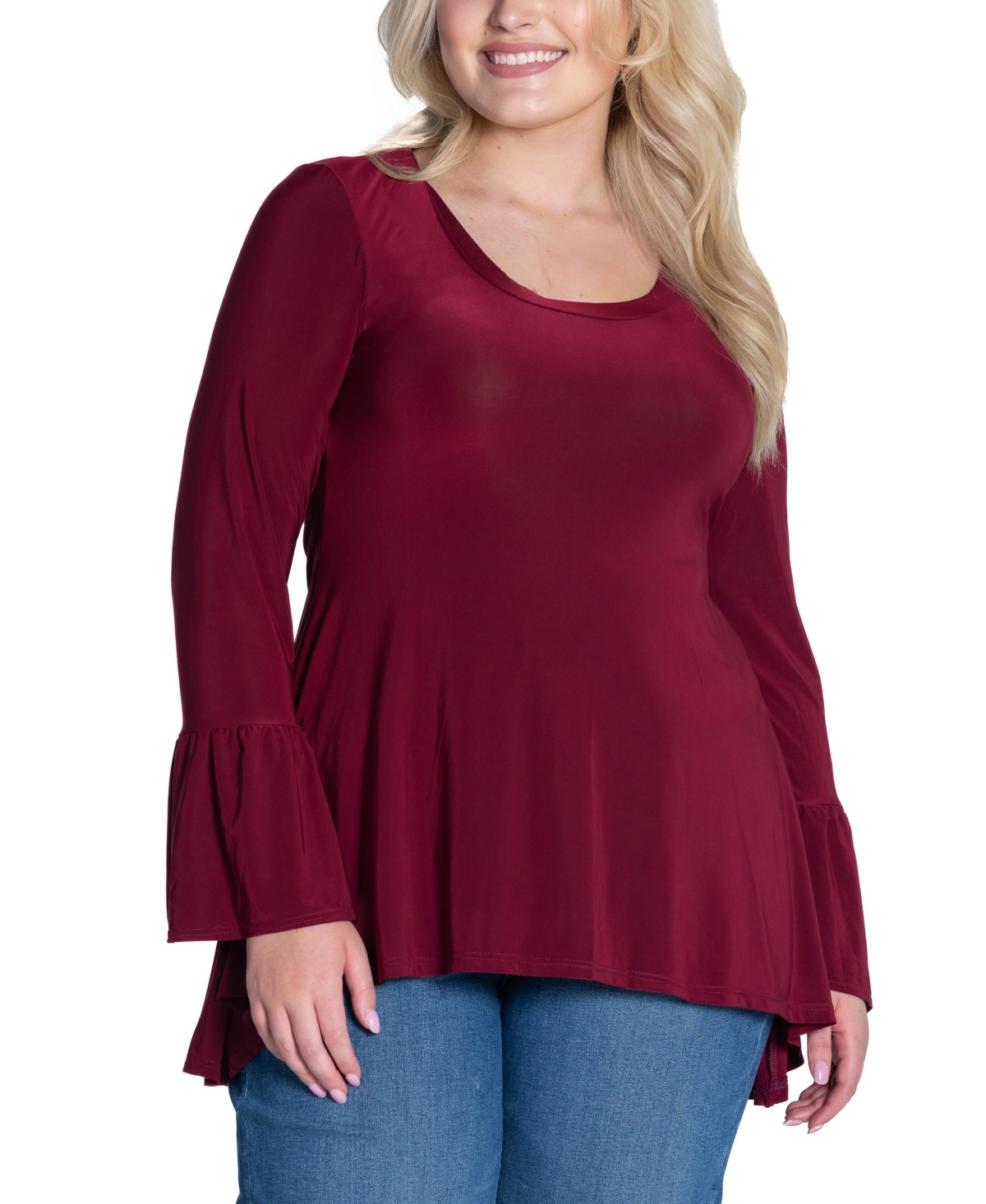 24seven Comfort Apparel Plus Size Long Bell Sleeve High Low Tunic Top In Wine