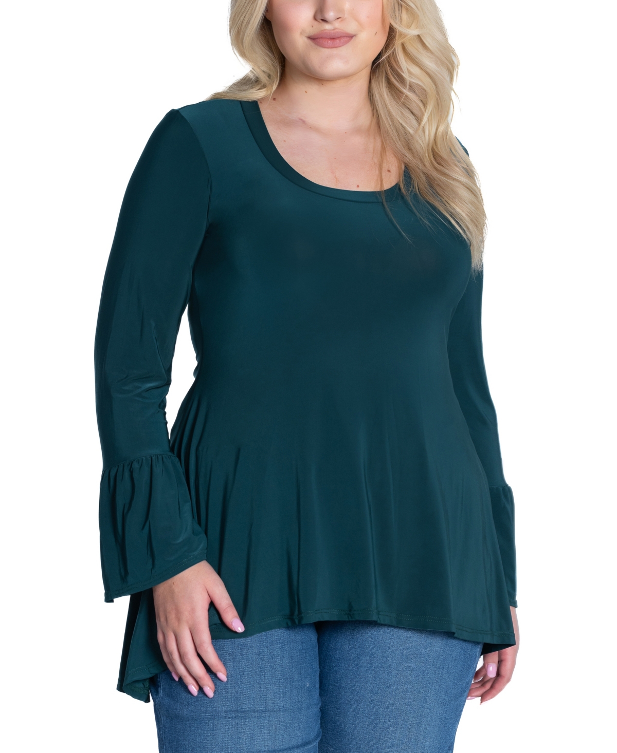 24seven Comfort Apparel Plus Size Long Bell Sleeve High Low Tunic Top In Hunter