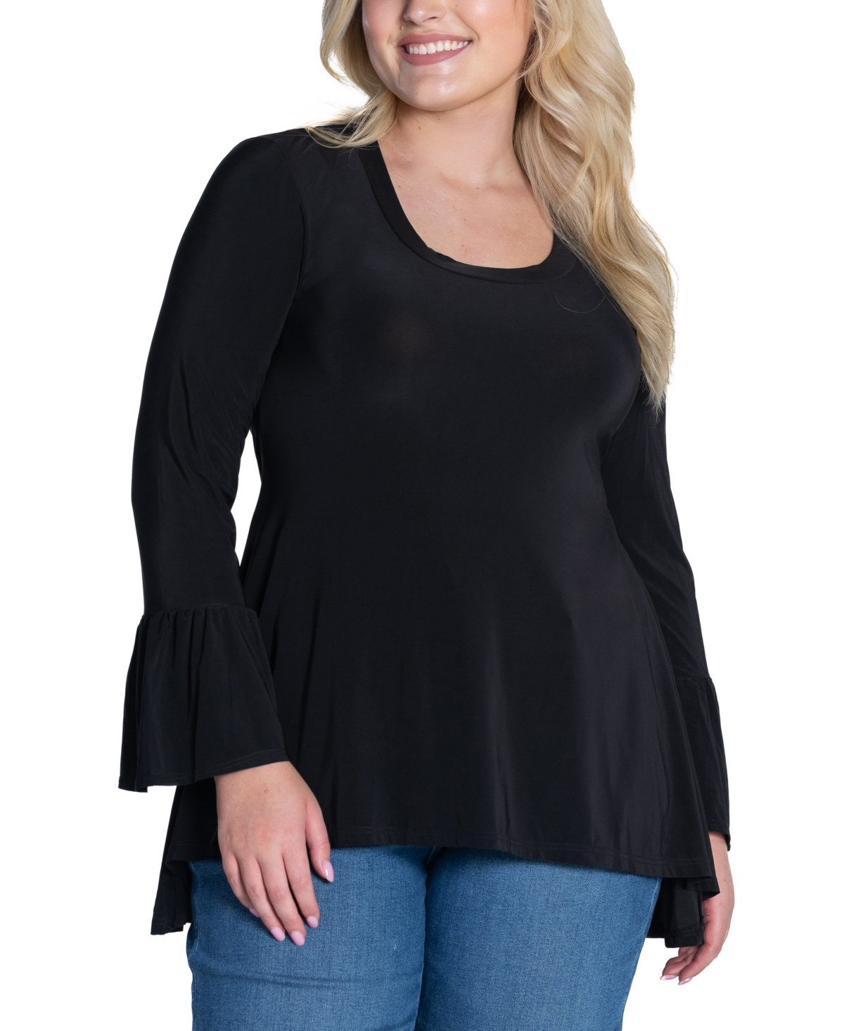24seven Comfort Apparel Plus Size Long Bell Sleeve High Low Tunic Top In Black