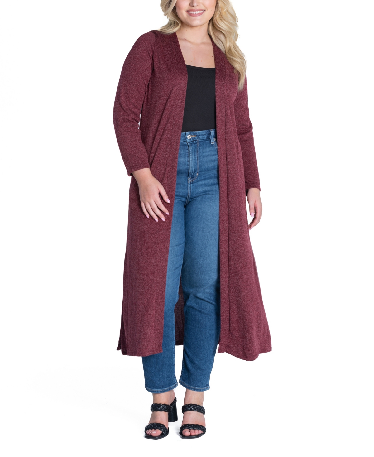 24seven Comfort Apparel Plus Size Long Duster Open Front Knit Cardigan Sweater