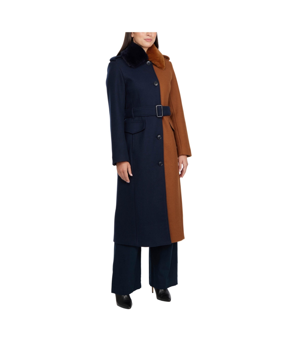 Badgley Mischka Women's Wool Blend Color Block Coat with Detachable Faux Fur Collar -navy