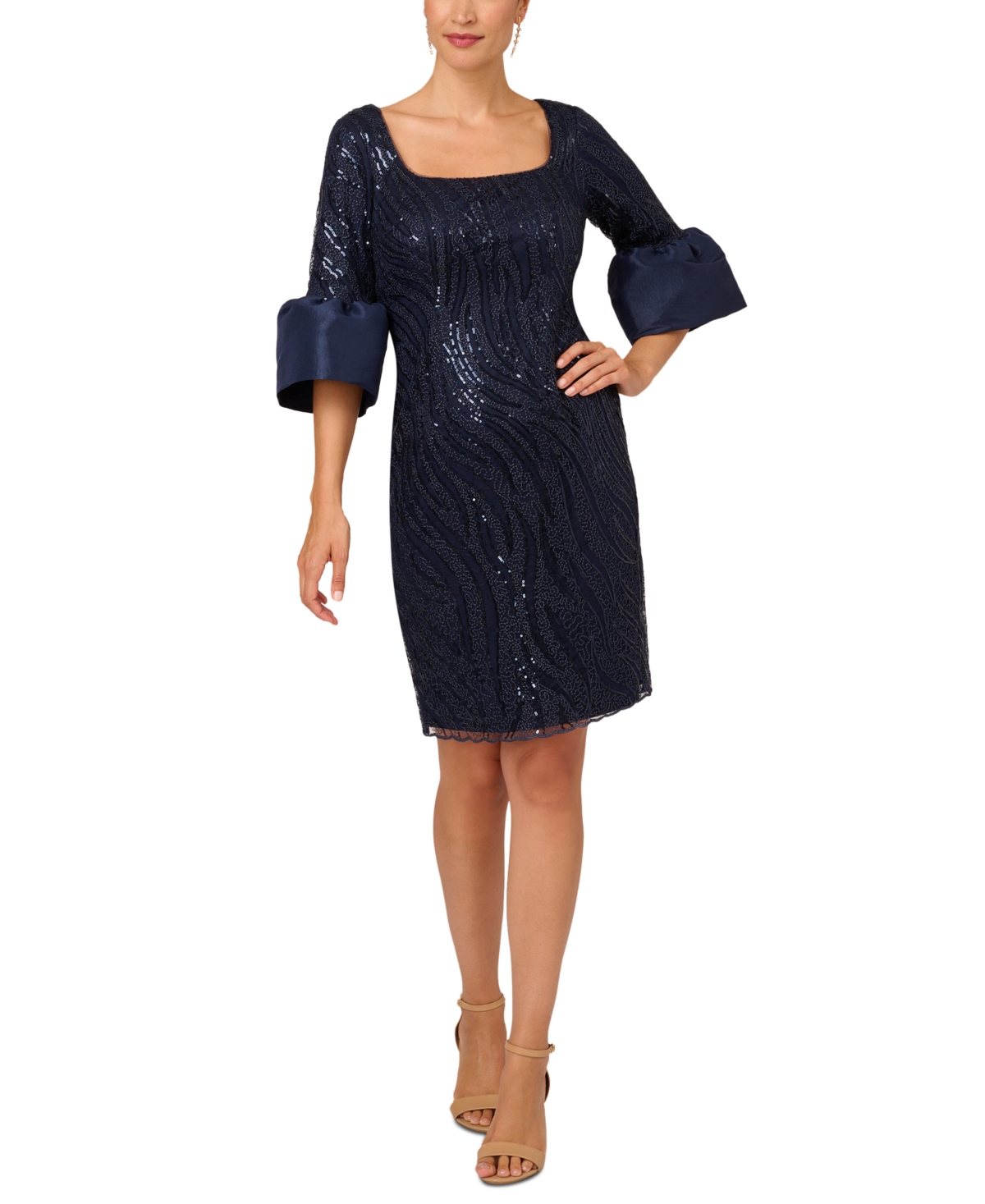 Shop Adrianna Papell Women's Sequin-embroidered Bell-sleeve Dress In Midnight