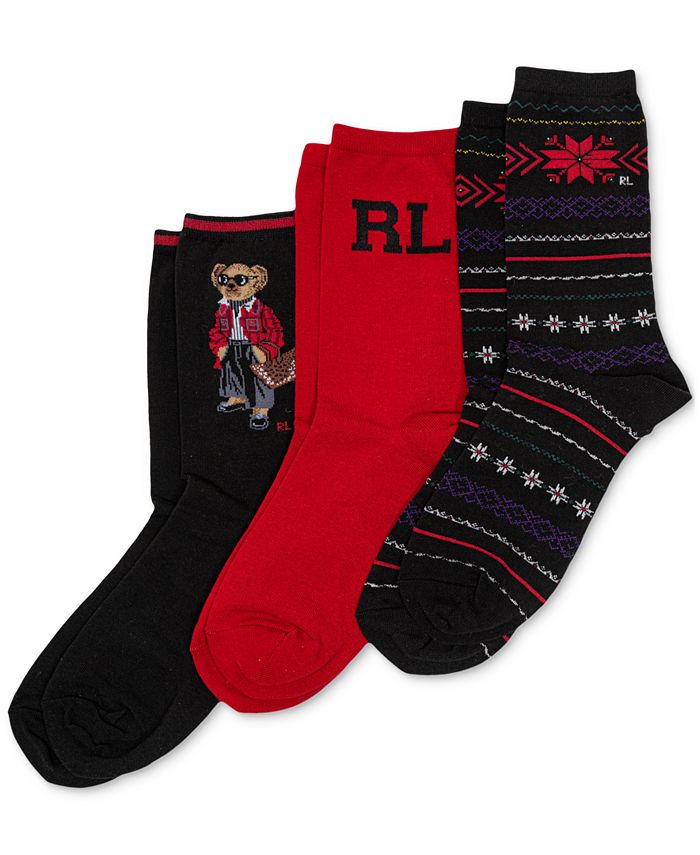 Polo Ralph Lauren Women's 3-Pk. Holiday Bear Crew Socks Gift Set - Macy's