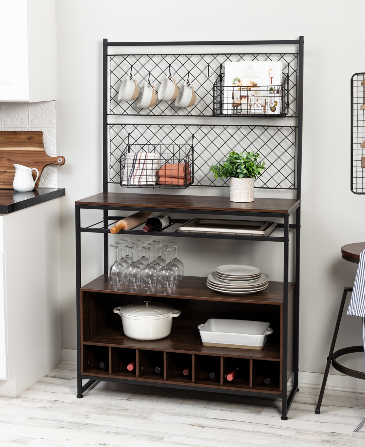 Honey Can Do Multi-purpose Kitchen Bakers Rack With Wine Storage In Black