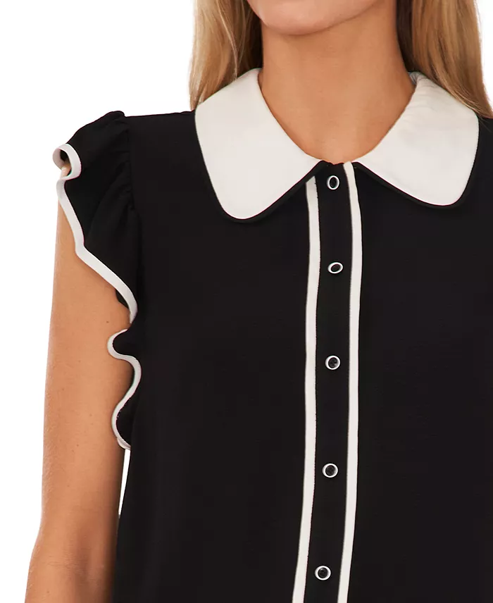 Women's Contrast Trimmed Flutter Sleeve Blouse - thumbnail 6