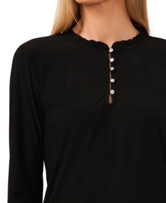 Women's Ruffle-Trim Long Sleeve Knit Top with Rhinestone Buttons