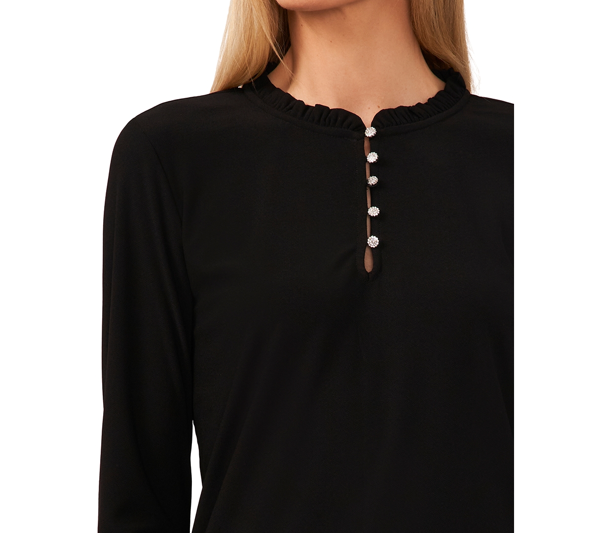 CeCe Women's Ruffle-Trim Long Sleeve Knit Top with Rhinestone Buttons