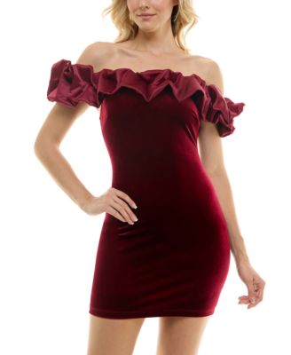 B Darlin - Juniors' Stretch Velvet Ruffled Bodycon Dress