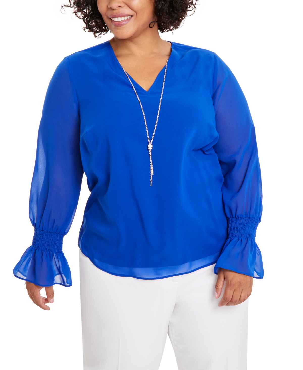 Plus Size Smocked-Sleeve Necklace Top, Created for Macy's - Modern Blue