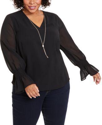 JM Collection - Plus Size Smocked-Sleeve Necklace Top