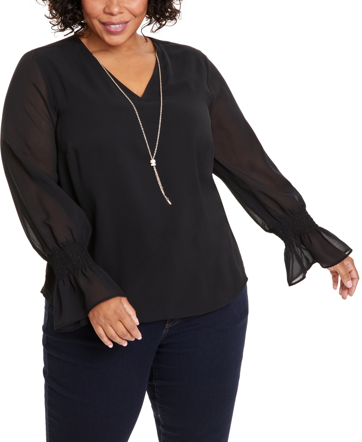 Plus Size Smocked-Sleeve Necklace Top, Created for Macy's - Deep Black