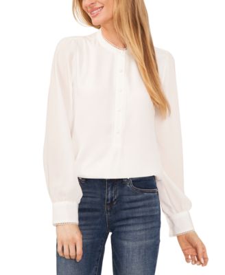 CeCe - Women's Scallop Trim Button Front Long-Sleeve Top