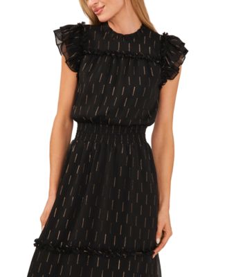 Women's Metallic Print Ruffled Smocked Waist Midi Dress