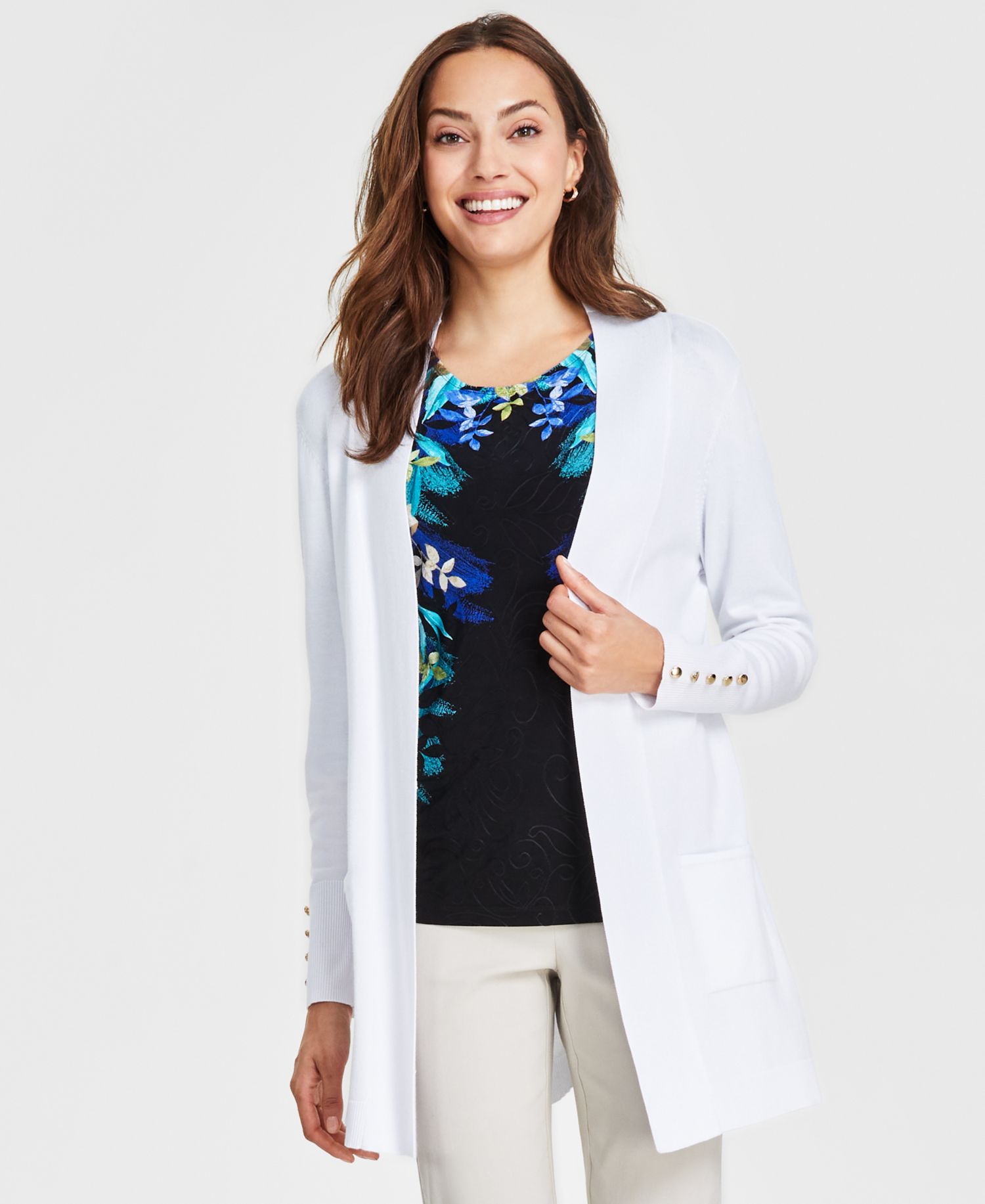 Petite Open-Front Button-Cuff Cardigan Sweater
