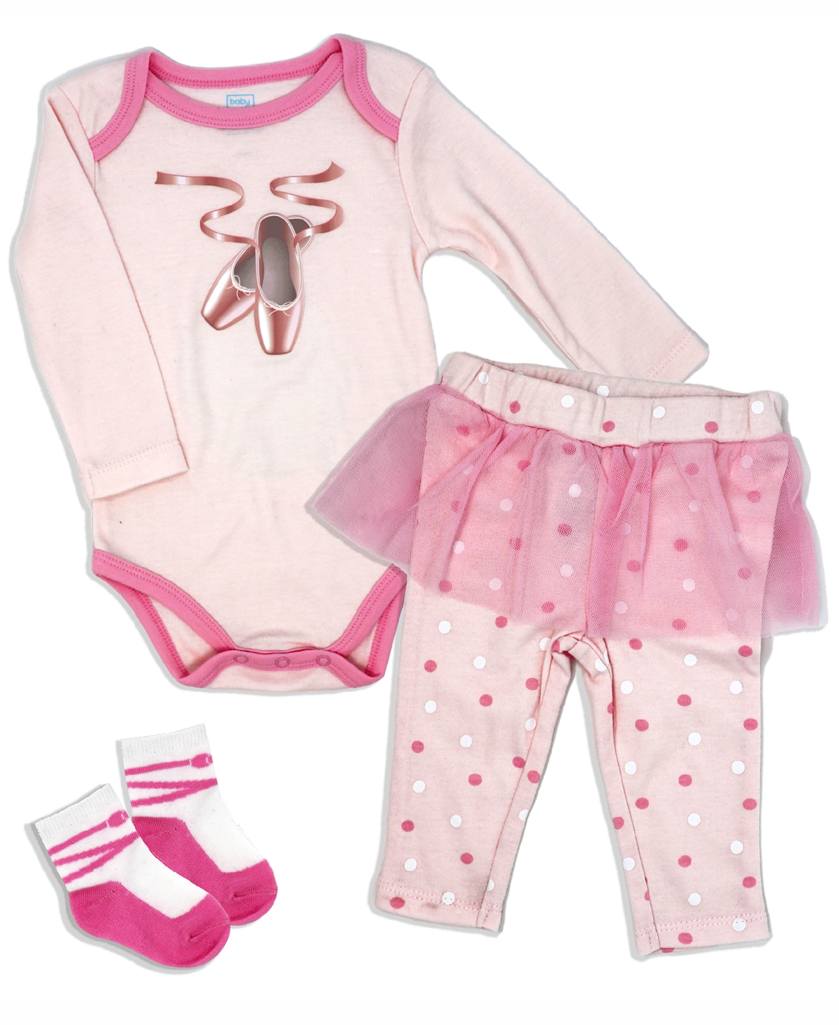 Baby Mode Baby Girls Ballet Bodysuit, Pants And Socks, 3 Piece Set In Pink