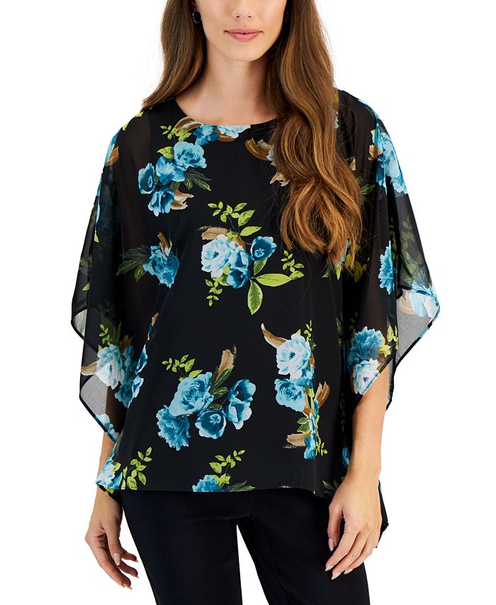 JM Collection Women's Floral-Print Poncho-Sleeve Top, Created for Macy ...
