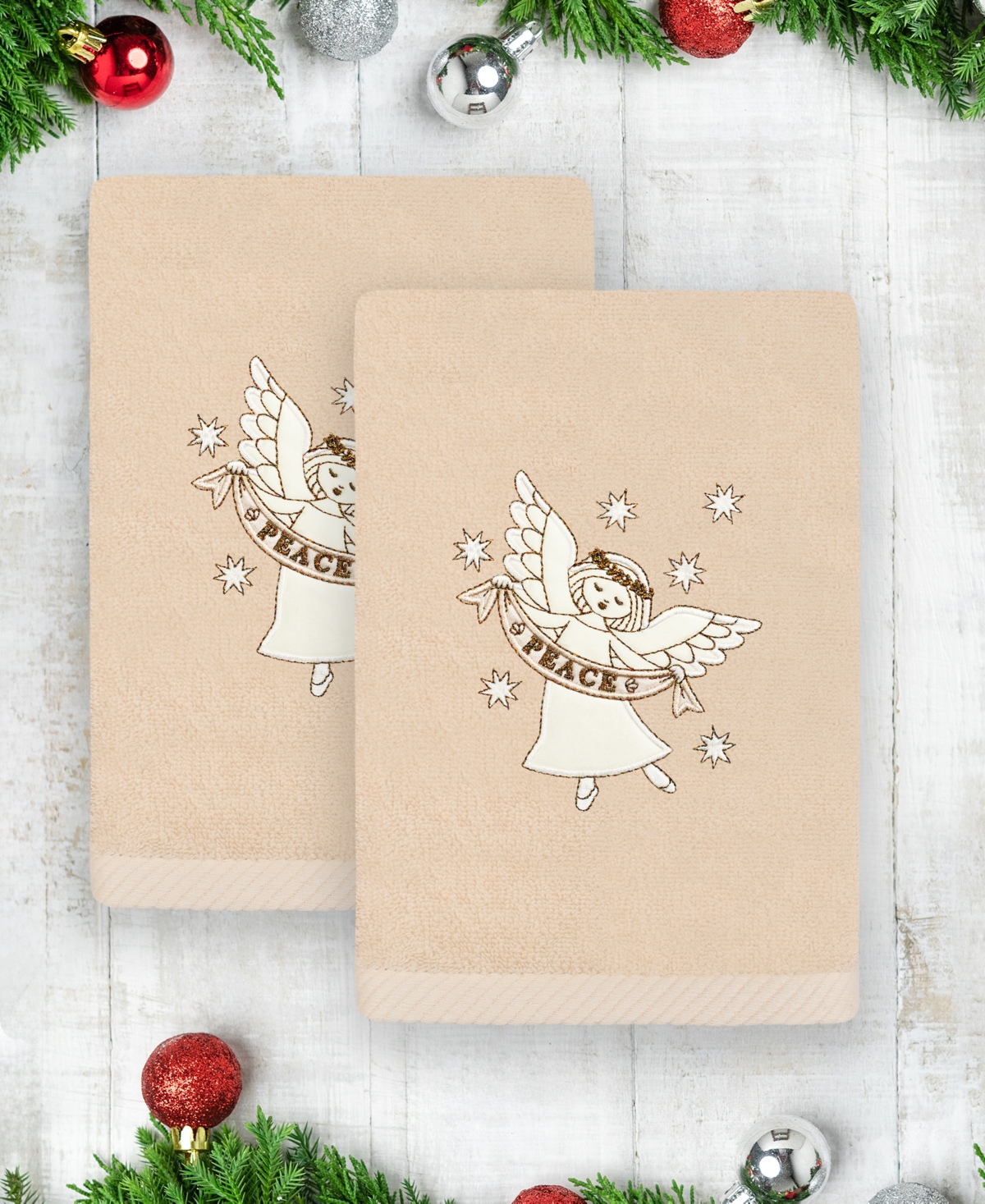 Linum Home Christmas Angel Embroidered Luxury 100% Turkish Cotton Towels, 2 Piece