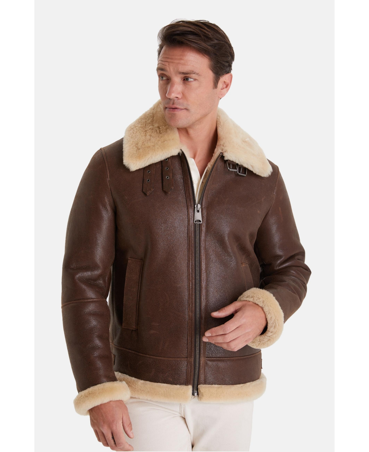 Furniq Uk Men's Shearling Aviator Jacket ,Vintage - likeWith Champagne Wool - Camel