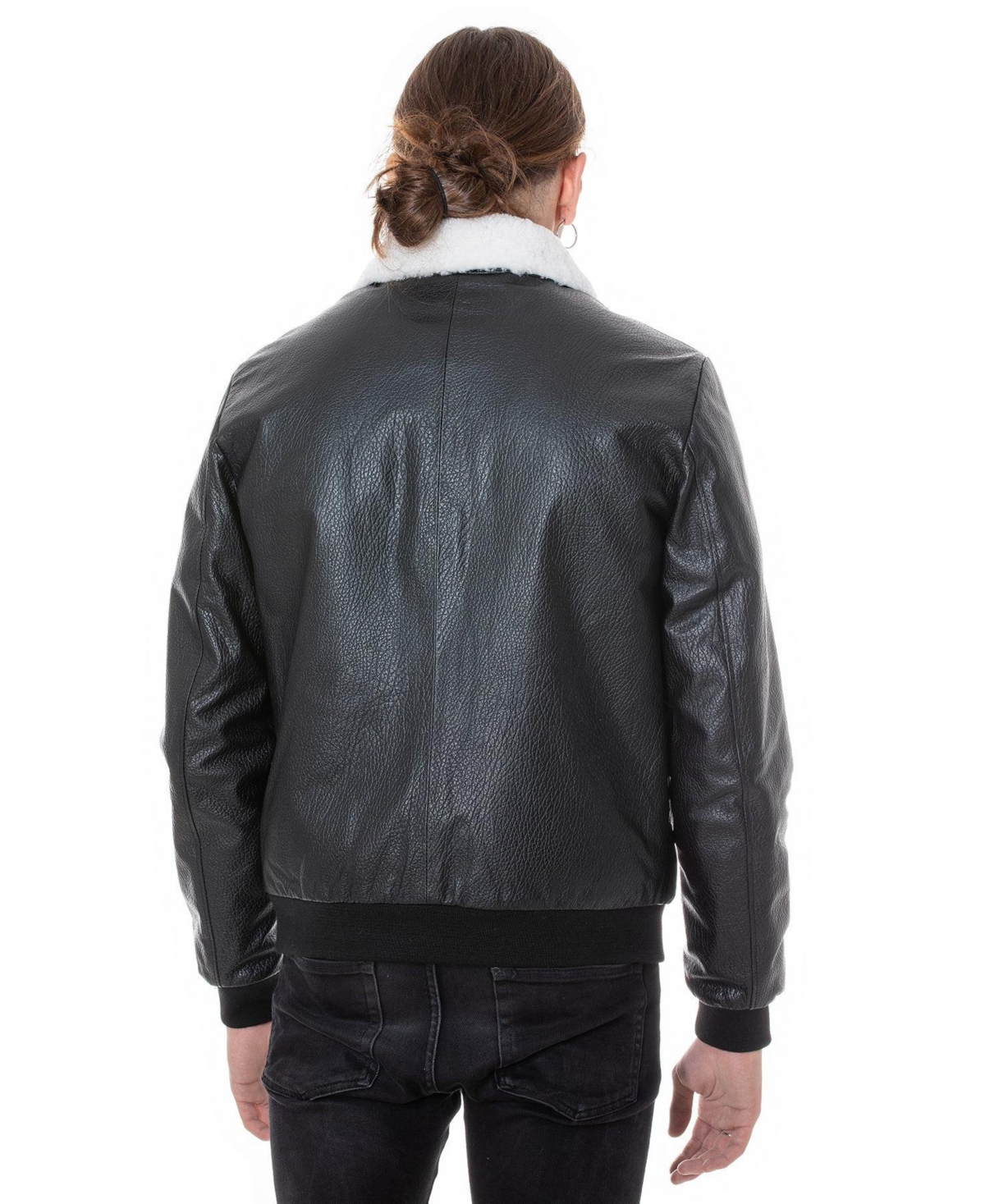 Furniq Uk Men's Genuine Leather Bomber Jacket with Shearling Lining,Nappa and White Curly Wool - Black