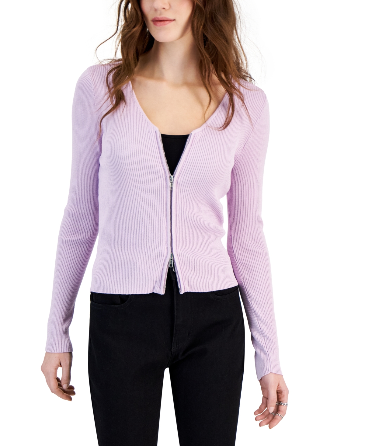 Juniors' Long-Sleeve Scoop-Neck Zip-Front Sweater - Pale Lilac