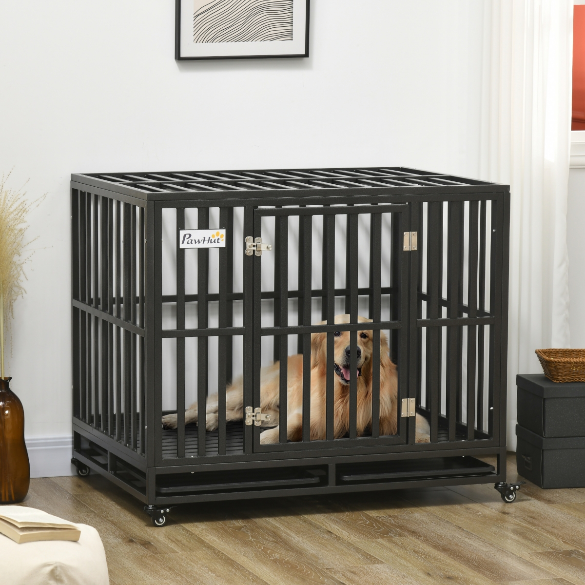 PawHut Heavy Duty Steel Dog Crate Kennel with Wheels and 1 Access Door,- Black
