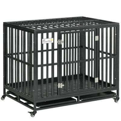 PawHut Heavy Duty Steel Dog Crate Kennel with Wheels and 1 Access Door Black Macy s