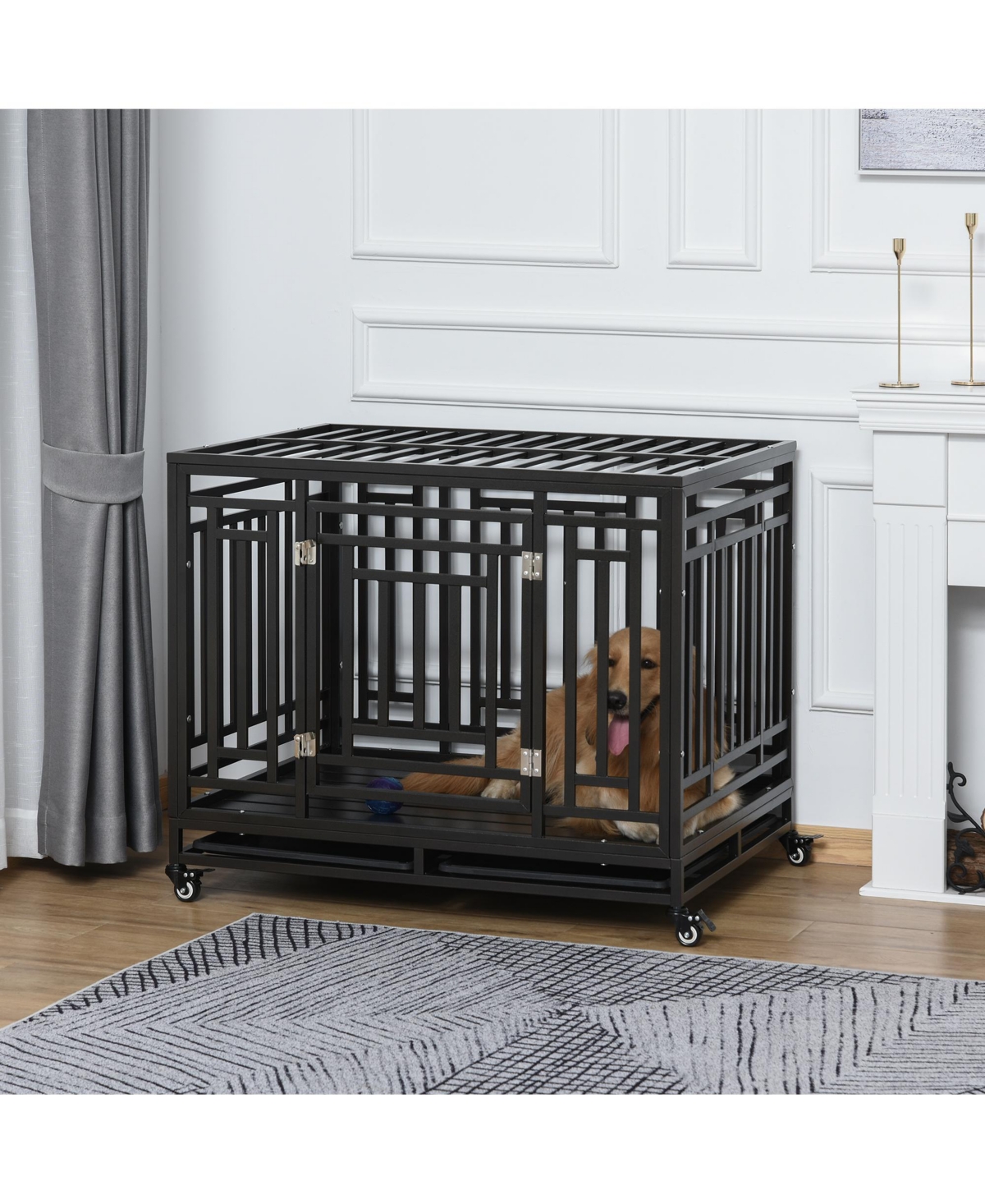 Heavy Duty Steel Dog Crate Kennel with Wheels and 1 Access Door, Black - Black