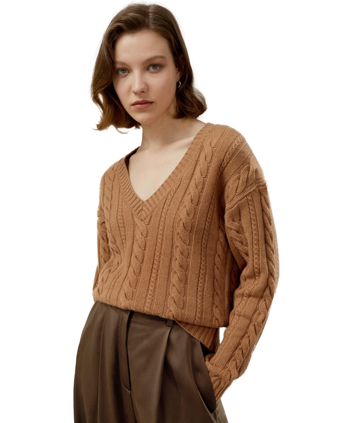 Women's Cable-Knit Wool-Cashmere Blend Sweater - Toffee