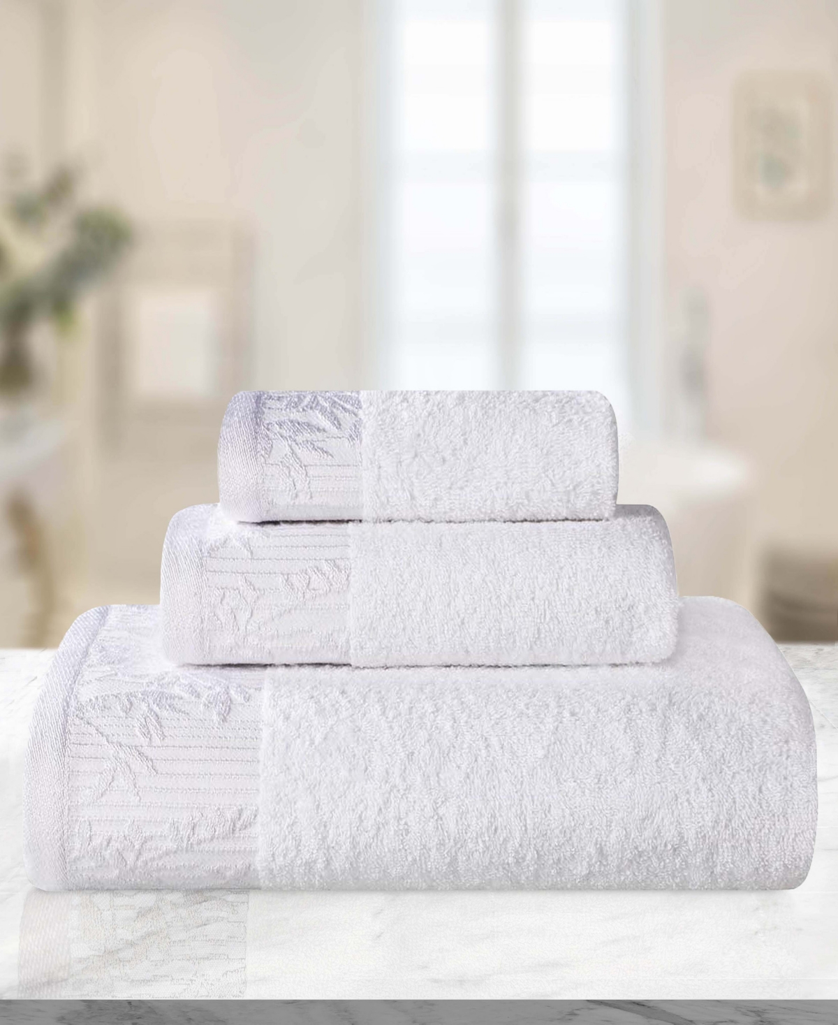 Superior Wisteria Cotton Floral Embroidered Jacquard Border Towel, 3 Piece Set - White-White