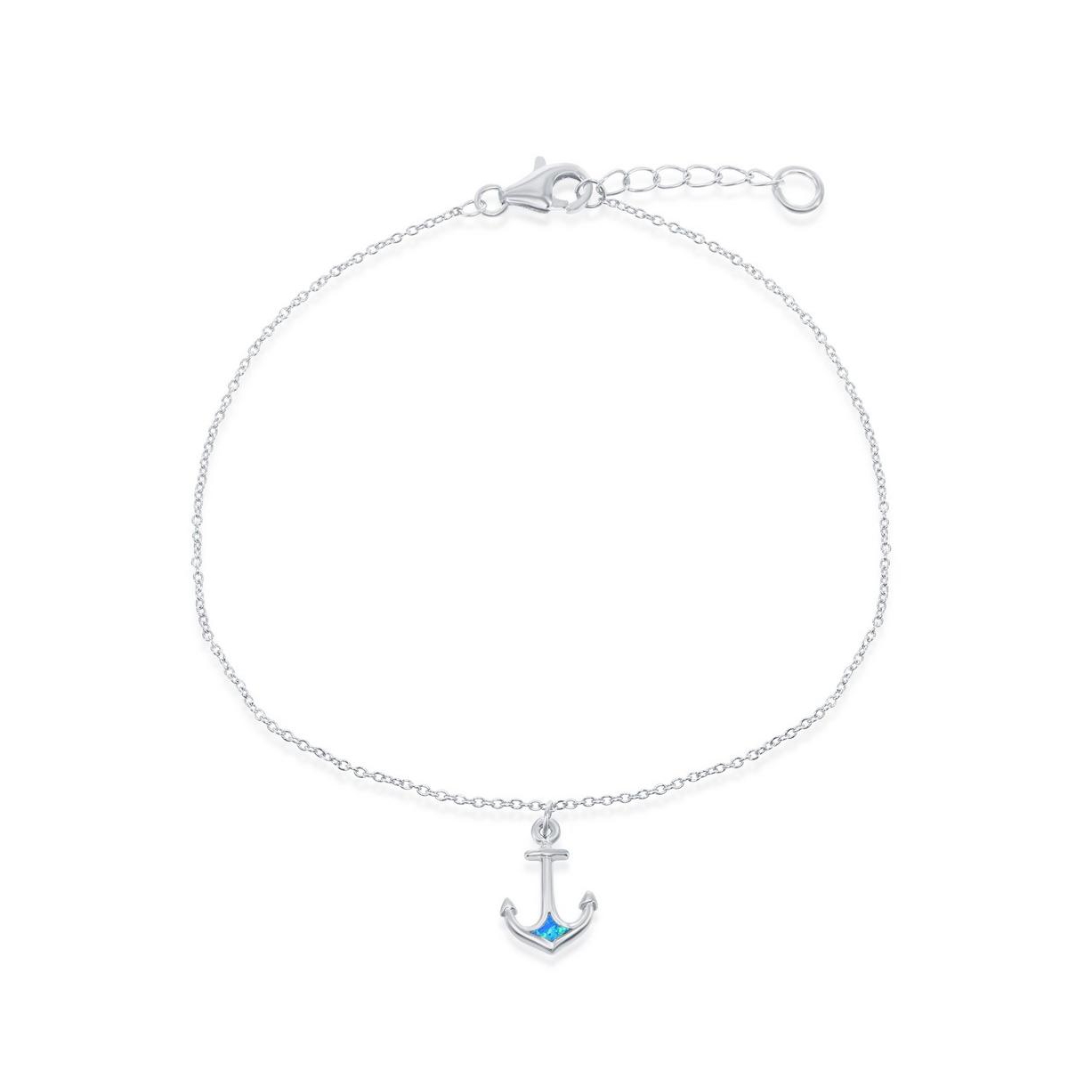 Sterling Silver Blue Inlay Opal Anchor Anklet - Blue