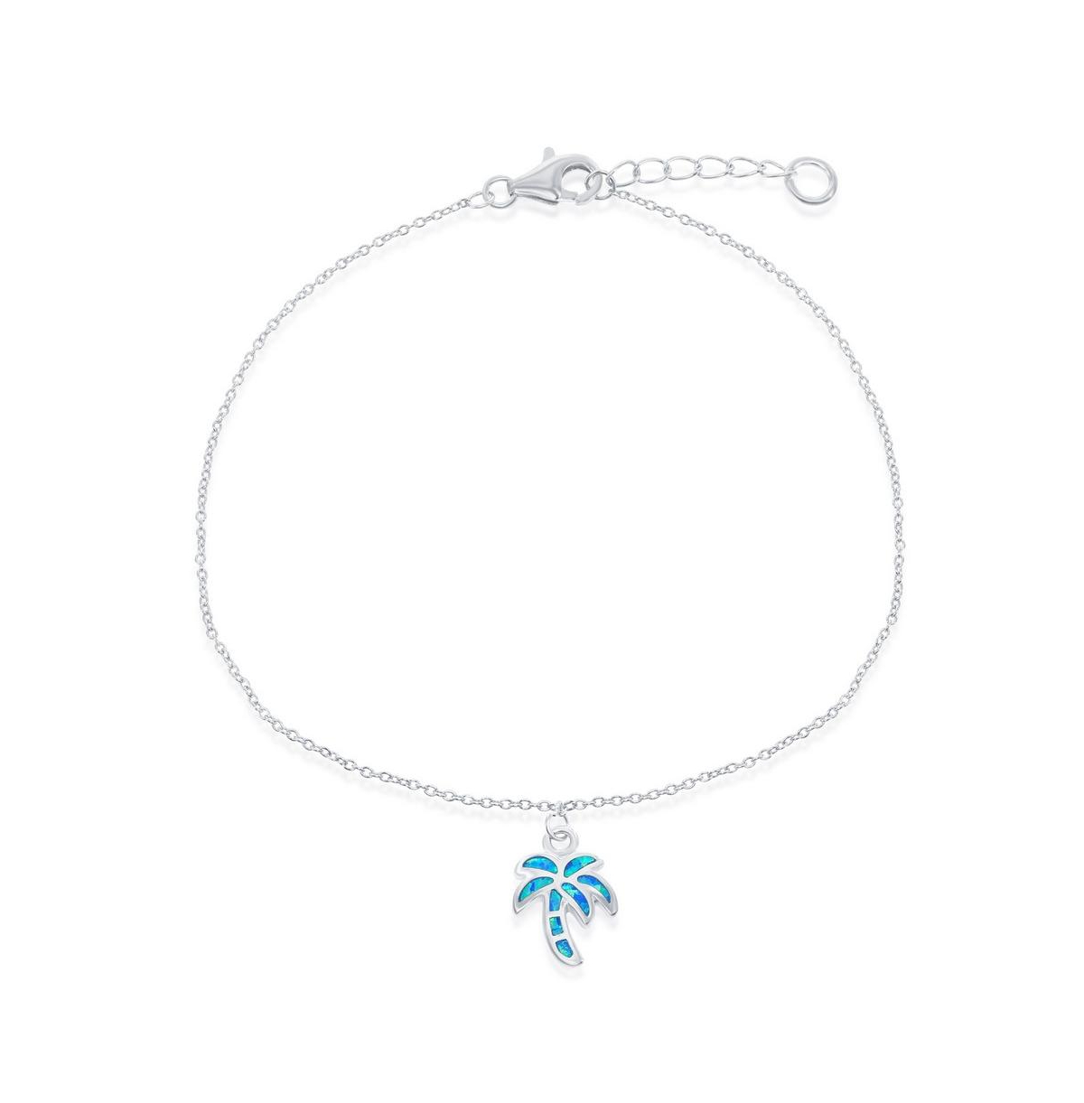 Sterling Silver Blue Inlay Opal Palm Tree Anklet - Blue