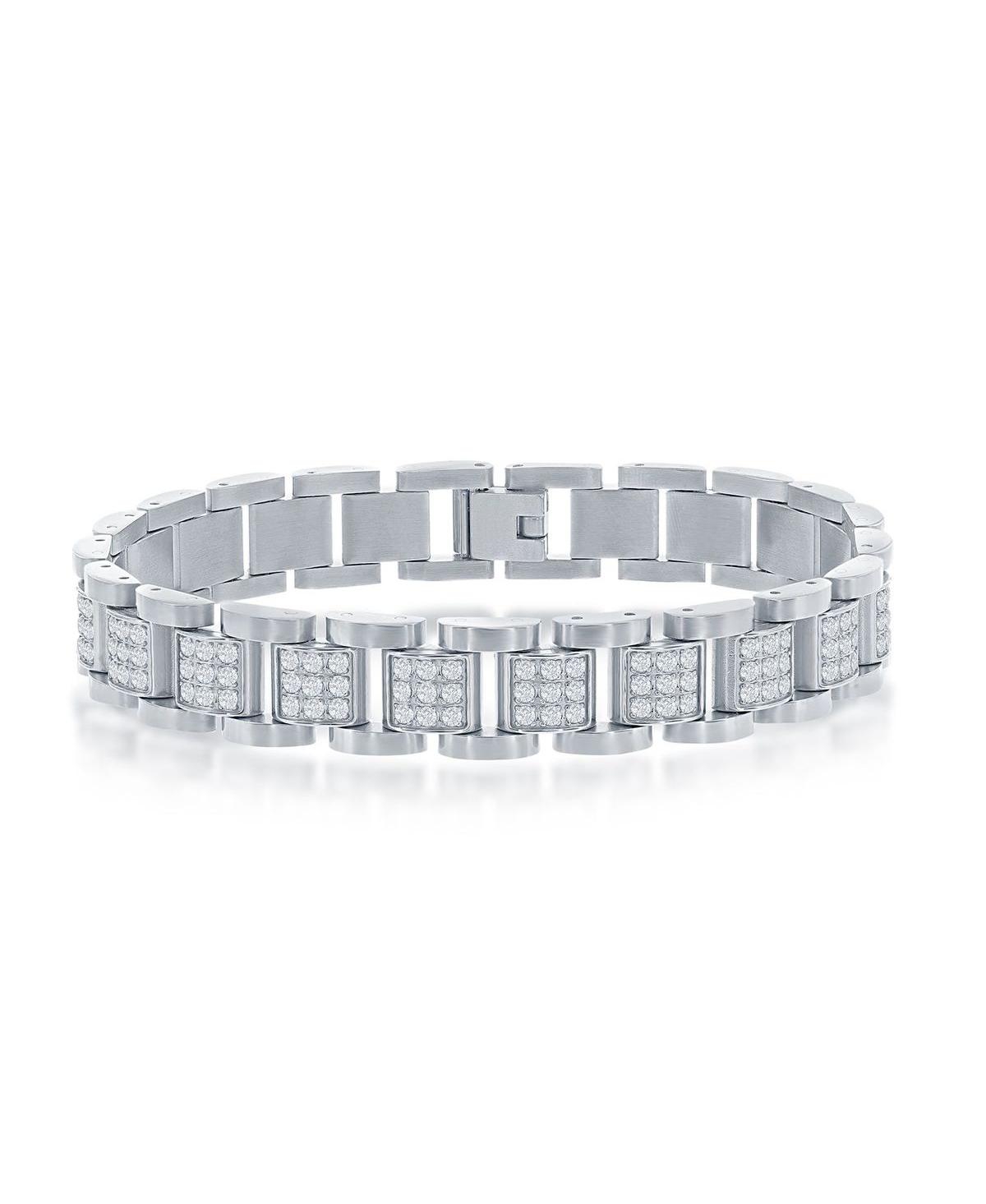 Stainless Steel Cz Square Link Bracelet - Silver
