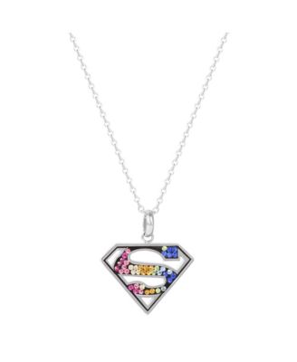 Superman Cutout Stainless Steel Rainbow Crystals Emblem Necklace, 18"
