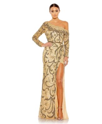 Mac Duggal Women's Embellished One Shoulder Long Sleeve Faux Wrap