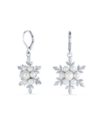 Holiday Party Christmas White Simulated Pearl Snowflake Necklace Pendant Dangling Earrings Jewelry Set For Women