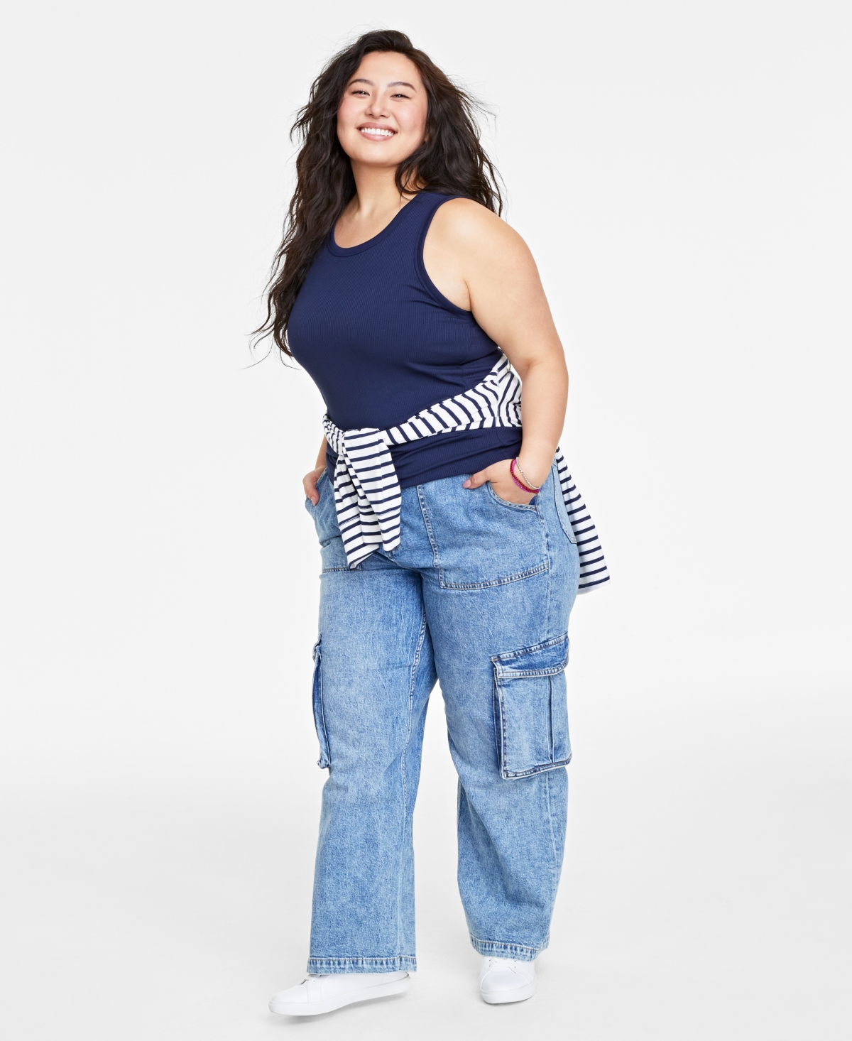 On 34th Trendy Plus Size Solid Ribbed Tank Top, Created For Macy's In Intrepid Blue
