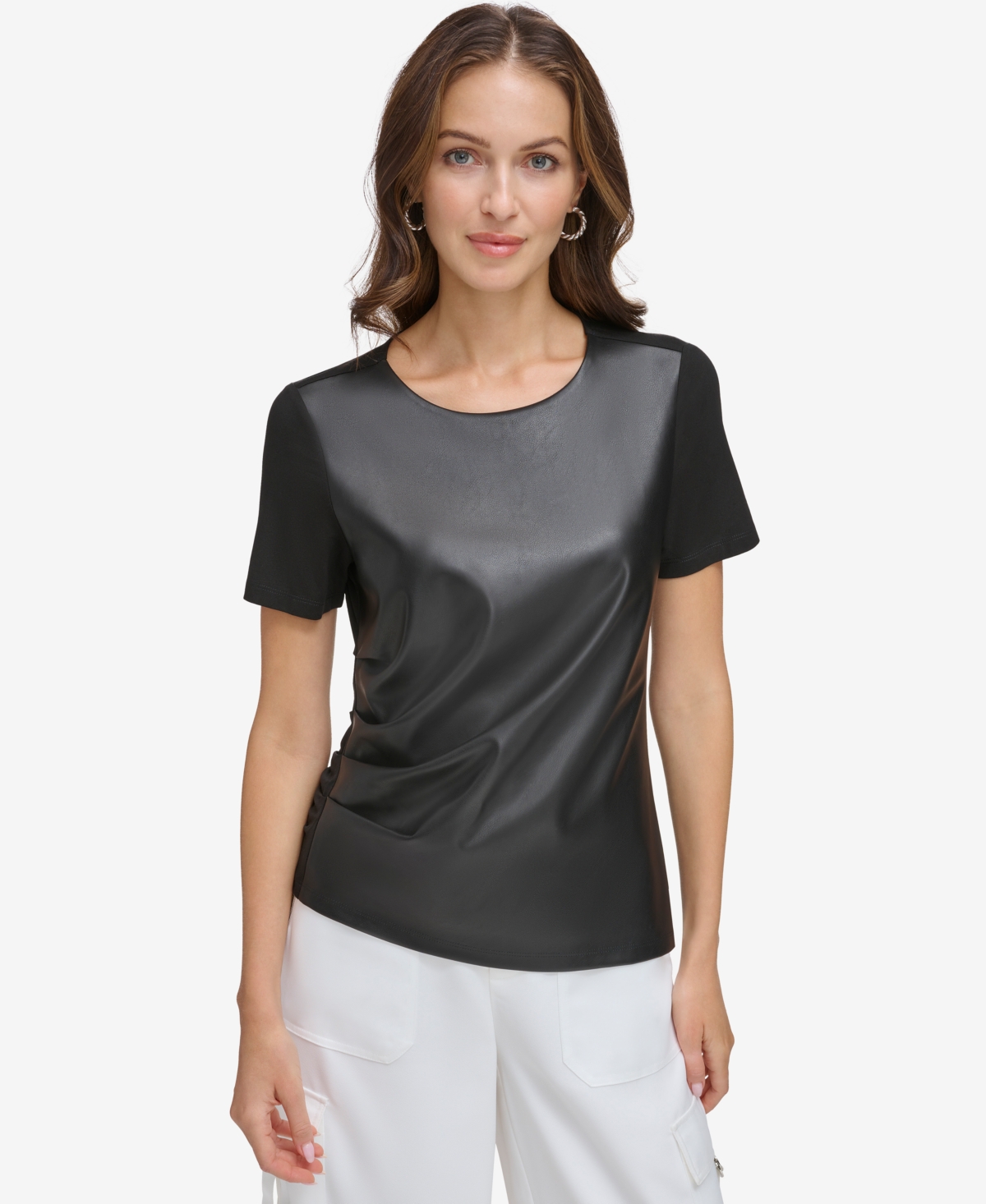 DKNY WOMEN'S MIXED-MEDIA SIDE-RUCHED SHORT-SLEEVE CREWNECK TOP