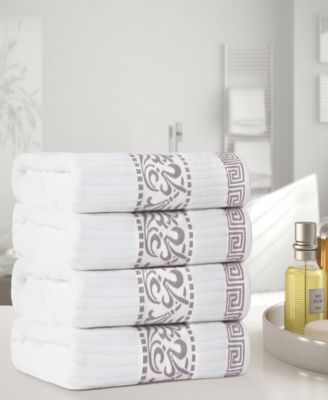 Athens Cotton with Greek Scroll and Floral Pattern, 4 Piece Bath Towel Set