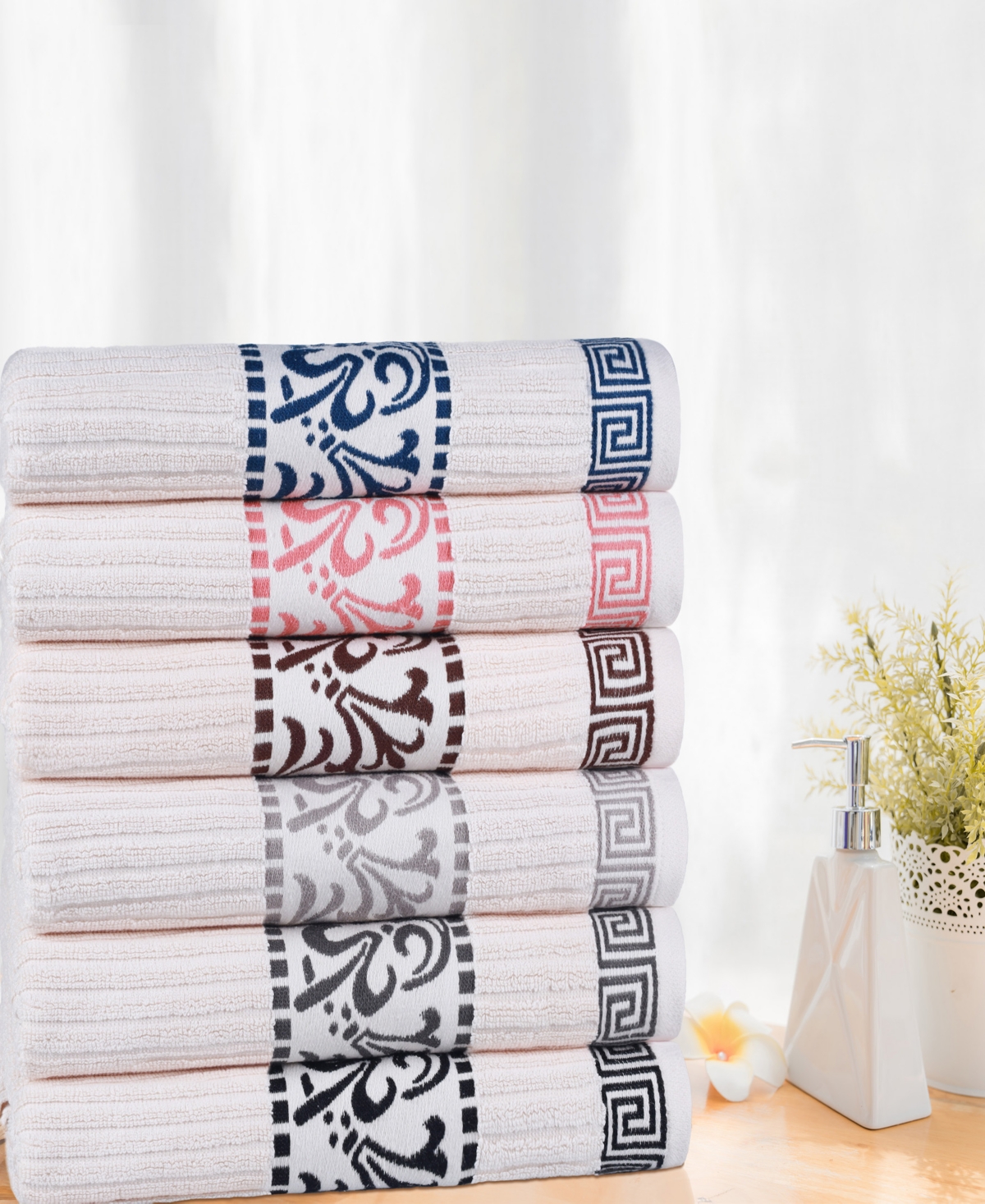 Superior Athens Cotton with Greek Scroll and Floral Pattern, 4 Piece - Ivory-Navy