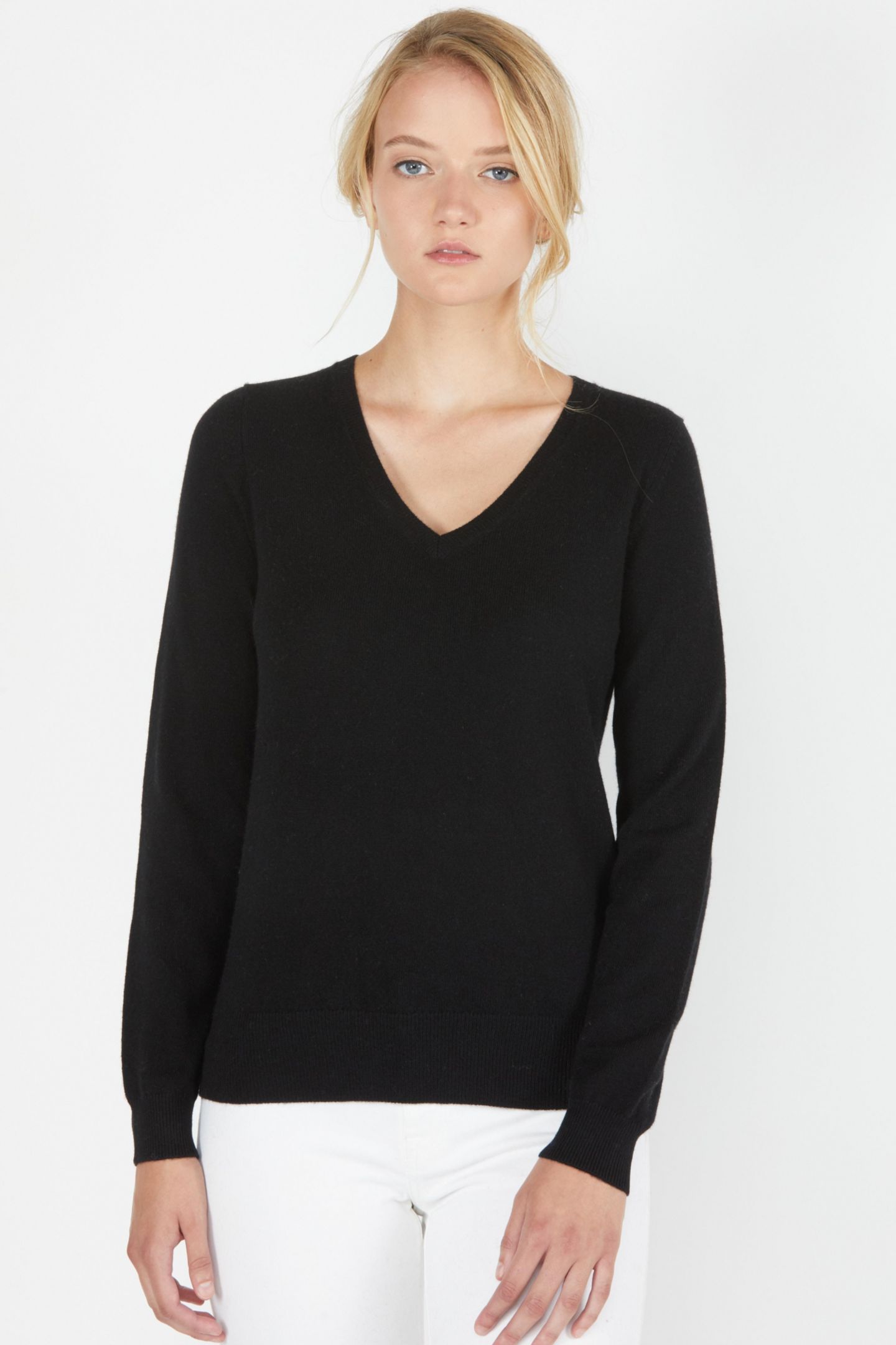 Женский свитер JENNIE LIU 100% Pure Cashmere Long Sleeve Pullover V Neck, цвет: Чёрный — фото 3