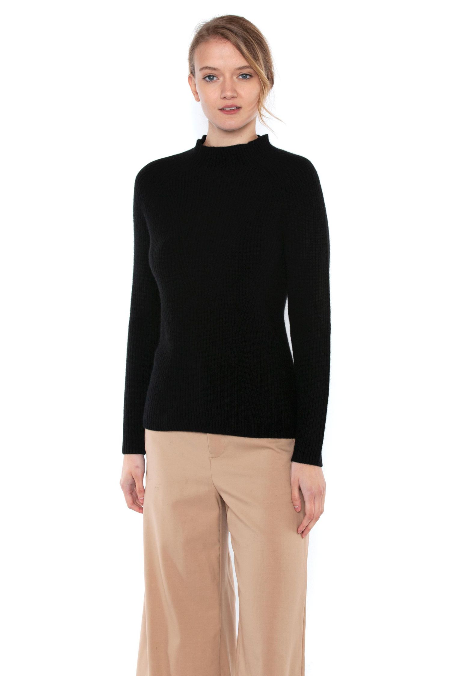 Women's 100% Pure Cashmere Long Sleeve Chunky Rib Funnel Neck Sweater