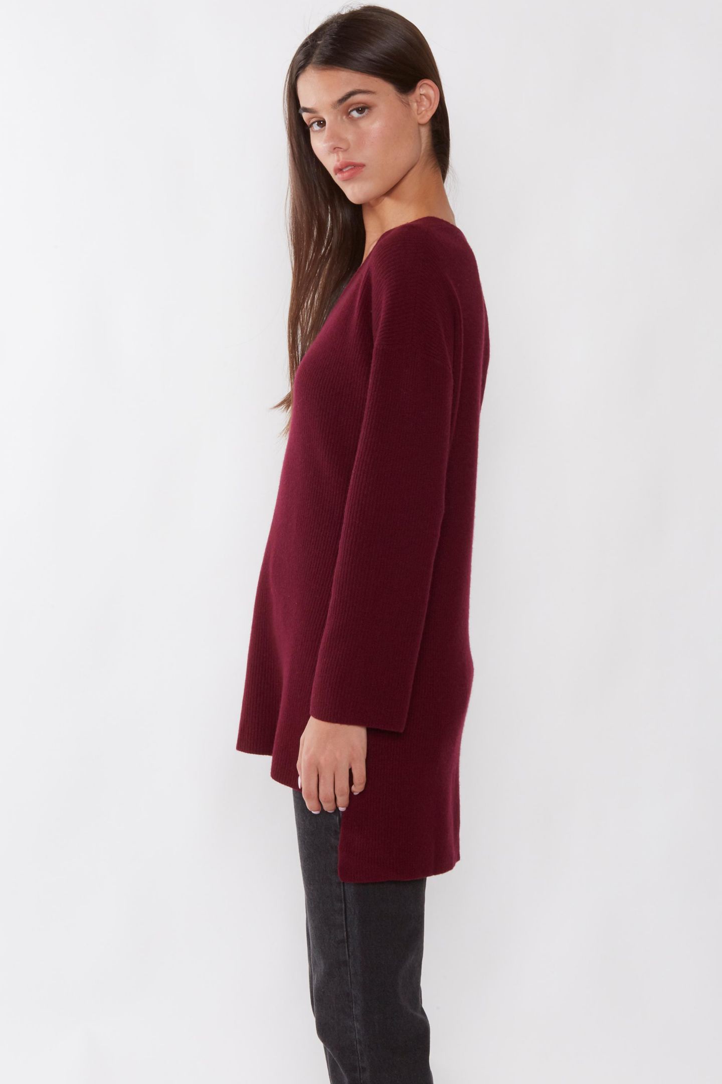 Женский свитер JENNIE LIU 100% Pure Cashmere Long Sleeve Ribbed Tunic, цвет: Бордовый — фото 3